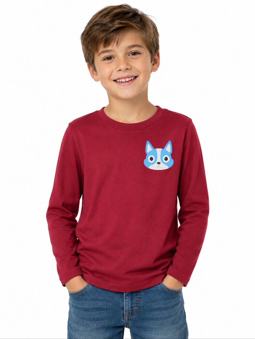 Amazon Essentials Boys' Long-Sleeve Tee in Burgundy with Blue Puppy Patch